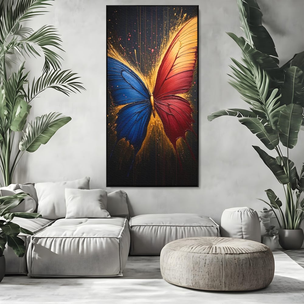 Tablou canvas cu tablou canvas cu fluture colorat, in rama de aluminiu negru, pe perete intr-un living